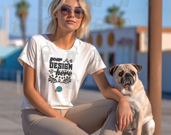 Bella Canvas 6400 Mockup wit T-shirt met korte mouwen voor dames | Dames T-shirt Mock up | Mooi meisje met pug hond | 6 gratis platliggende mockups
