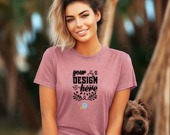 Bella Canvas 3001CVC Heather Mockup Unisex Jersey korte mouw Tee Mauve dames T-shirt Mock up | Meisje met een hond | 6 Flat Lay Mockup-bonus