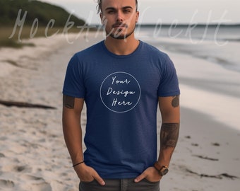 2 Bella Canvas 3001 Mockups azul marino y gris, camiseta de manga corta unisex Jersy Mock Up, camiseta masculina Mock up, entorno de playa, camiseta de hombre