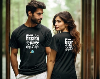 Bella Canvas 3001 Black Mockup | Short Sleeve Tee Mock Up | Couple Showing Front and Back Mocks | Tshirt Mock | B + C 3001 | Free Flat Lays
