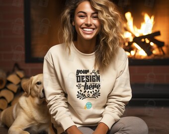 Gildan Heavyblend 18000 Sand Sweatshirt Mockup | Lady's Sweatshirt Mock-up | Girl With a Labrador Dog | Cozy Winter Vibe | Lifestyle Shoot