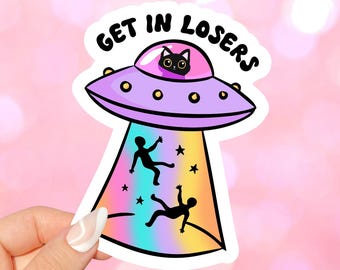 Naklejka z kotem UFO w stylu "Lovers", zabawne porwanie przez kosmitów, wodoodporna naklejka winylowa, uroczy czarny kot w kosmosie, butelka na wodę na laptopa Kindle, sarkastyczny