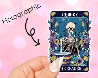 Skeleton Reader Tarot Karte holographische Sticker für Laptops, Kindles, Kobo, Wasserflaschen, Geschenke für Frauen, Geschenke für Buchliebhaber