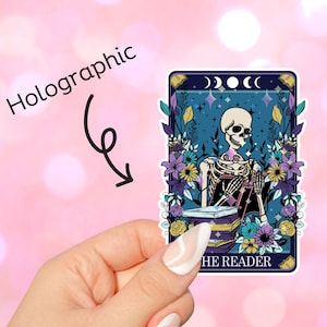 Skeleton Reader Tarot Karte holographische Sticker für Laptops, Kindles, Kobo, Wasserflaschen, Geschenke für Frauen, Geschenke für Buchliebhaber
