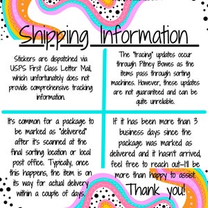 Puede incluir: Un gr&aacute;fico colorido con el texto "Shipping Information" y detalles sobre el env&iacute;o de pegatinas a trav&eacute;s de USPS First Class Letter Mail. El texto explica que las actualizaciones de seguimiento no est&aacute;n garantizadas y pueden ser poco fiables. Tambi&eacute;n explica que si un paquete no llega en un plazo de 3 d&iacute;as h&aacute;biles despu&eacute;s de ser marcado como entregado, el vendedor estar&aacute; encantado de ayudar.