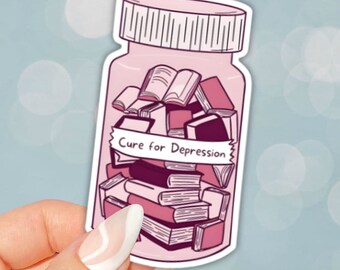 Cure for Depression Books in a Bottle Vinyl Sticker for Laptops, Kindles, Journals, Scrapbooks, Planners Waterbottles, Bookish Gift, Booktok