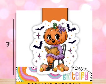 Marque-page magnétique lisant petite fille citrouille, accessoires de lecture d'Halloween, cadeau effrayant pour les amateurs de livres, cadeaux d'automne pour rats de bibliothèque, chauves-souris, bonbons