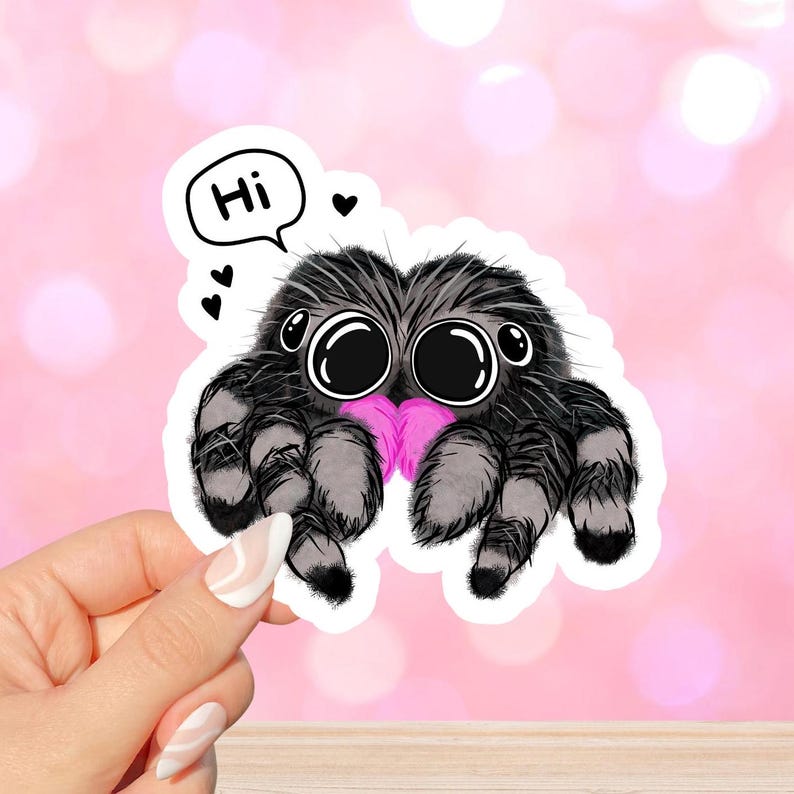 May include: A sticker featuring a cartoon illustration of two jumping spiders with big eyes and a pink heart between them. The text "Hi" is in a speech bubble above the spiders.