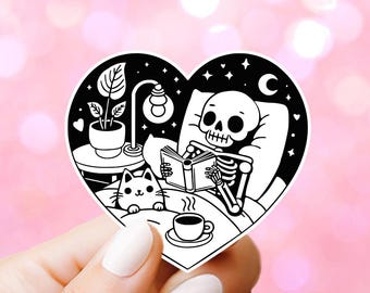 Reading Skeleton & Cat Vinyl Sticker: Bookish Kindle Stickers