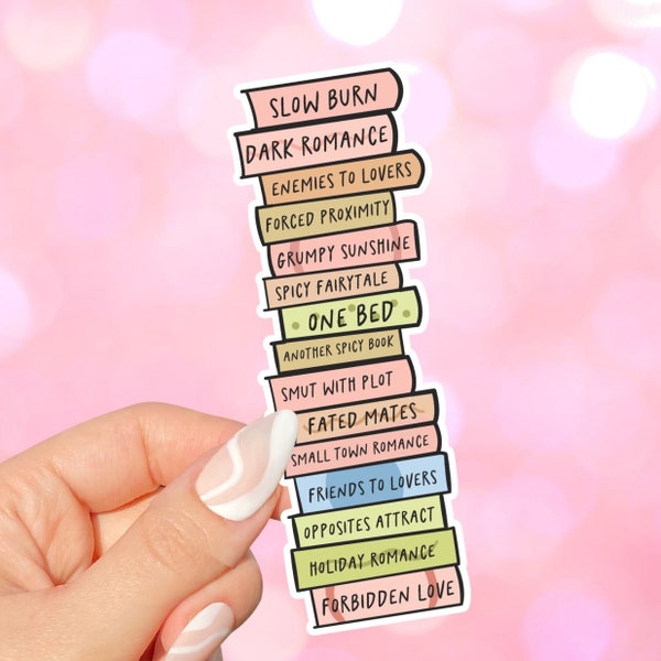 Tall Stack of Romance Tropes Sticker for kindles, e-readers, bookish gifts, book lovers, smutty, laptops, booktok, waterbottles, planners