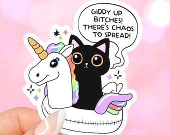 Black cat unicorn sticker for kindles, e-readers, bookish gifts, book lovers, smutty, laptops, booktok, waterbottles, planners, giddy up cat
