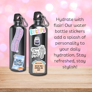 May include: Two silver water bottles with colorful stickers. The stickers feature phrases like "emotional support water bottle", "britify", "spread those pages", "bitch you stress me out", and "read return repeat".