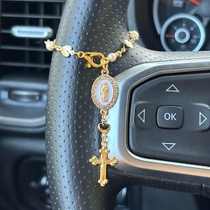 Steering Wheel Rosary with Pearls and Gold Heart Beads – Virgin of Guadalupe Car Charm – Religious Catholic Accessory – New Car Gift