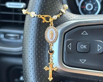 Steering Wheel Rosary, Our Lady of Guadalupe Heart Car Rosary, Pearl Car Charm, Catholic Car Accessory, New Driver Gift