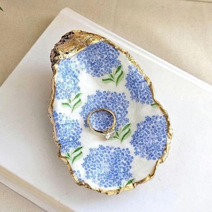 Nantucket Oyster Shell Ring Dish: Blue Hydrangea Trinket Dish, Engagement Ring Holder, Bridesmaid or Proposal Gift, Jewelry Dish
