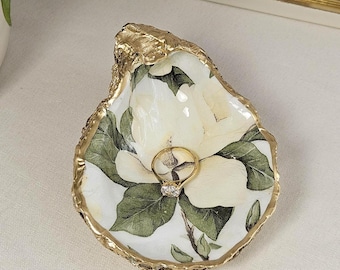 Magnolia Dreams Oyster Shell Ring Dish, Magnolia Trinket Dish, Engagement Ring Holder, Bridal Shower or Newlywed Gift, Wedding Gift