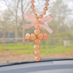 Cross Car Charm Pendant-Crystals Cross-Car Charm Rear View Mirror Decor-Drivers Travelers Gift Religious Catholic-Car Accessory-Car Rosary