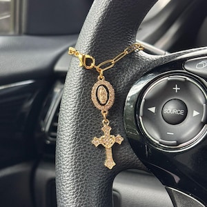 Black Steering Wheel Rosary Charm Accessory | Rosary Car Charm Accessory | Car Charms | Virgin of Guadalupe | Christian Gift Idea,Car Rosary