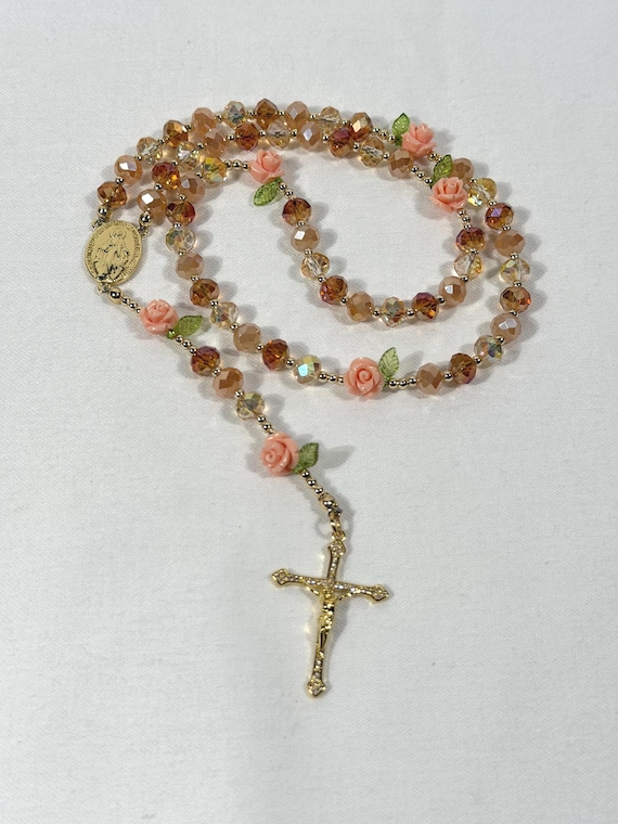 Champagne Crystal Rosary, Handmade Catholic Rosary, Floral Bead Rosary, Miraculous Medal, 18K Gold Plated Crucifix, First Communion Gift
