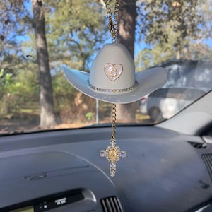 Cowboy Hat Car Rosary, Personalized Initial Car Charm, Virgin Mary Cross Rearview Mirror Decor, Western Catholic Gift, Cowgirl Car Decor image 13