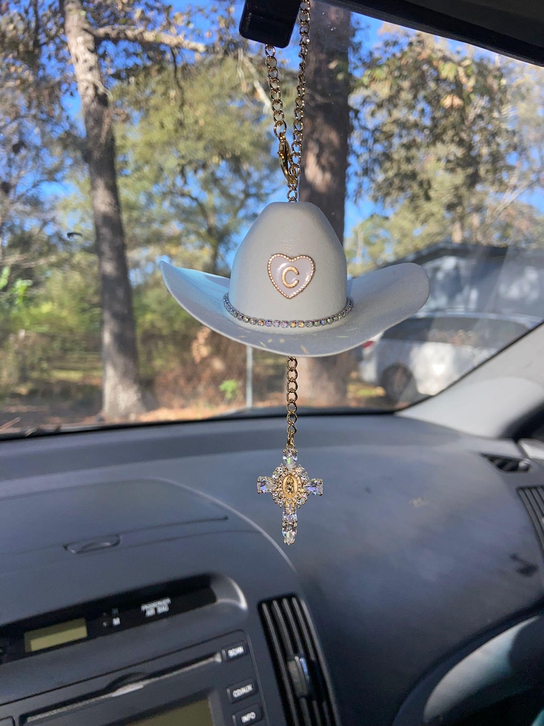 Cowboy Hat Car Rosary, Personalized Initial Car Charm, Virgin Mary Cross Rearview Mirror Decor, Western Catholic Gift, Cowgirl Car Decor image 13