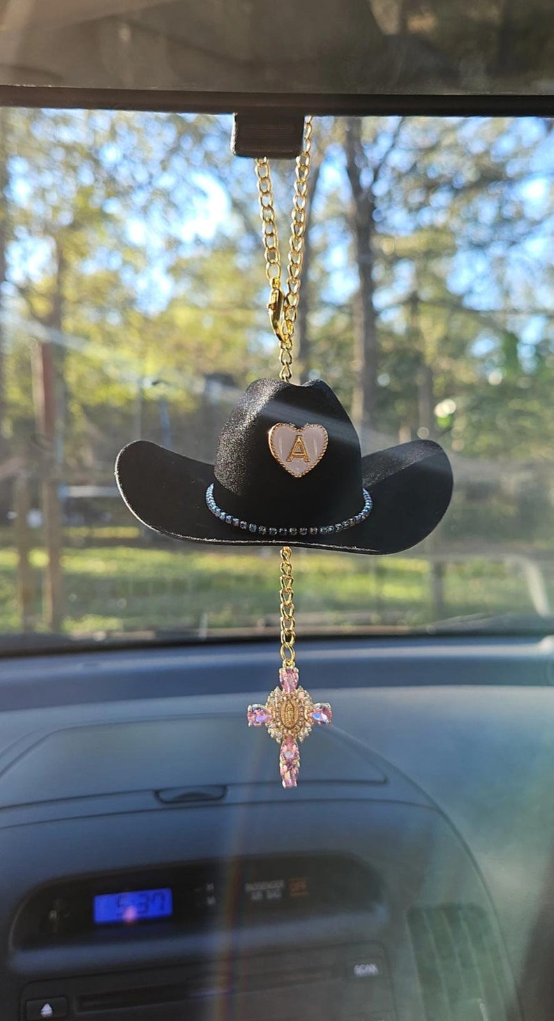 Cowboy Hat Car Rosary, Personalized Initial Car Charm, Virgin Mary Cross Rearview Mirror Decor, Western Catholic Gift, Cowgirl Car Decor image 9