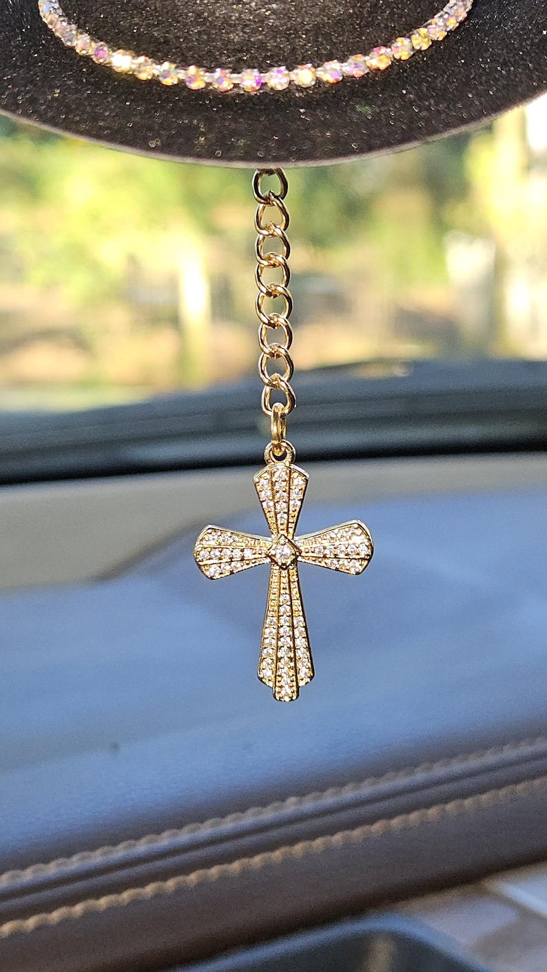 Cowboy Hat Car Rosary, Personalized Initial Car Charm, Virgin Mary Cross Rearview Mirror Decor, Western Catholic Gift, Cowgirl Car Decor image 8