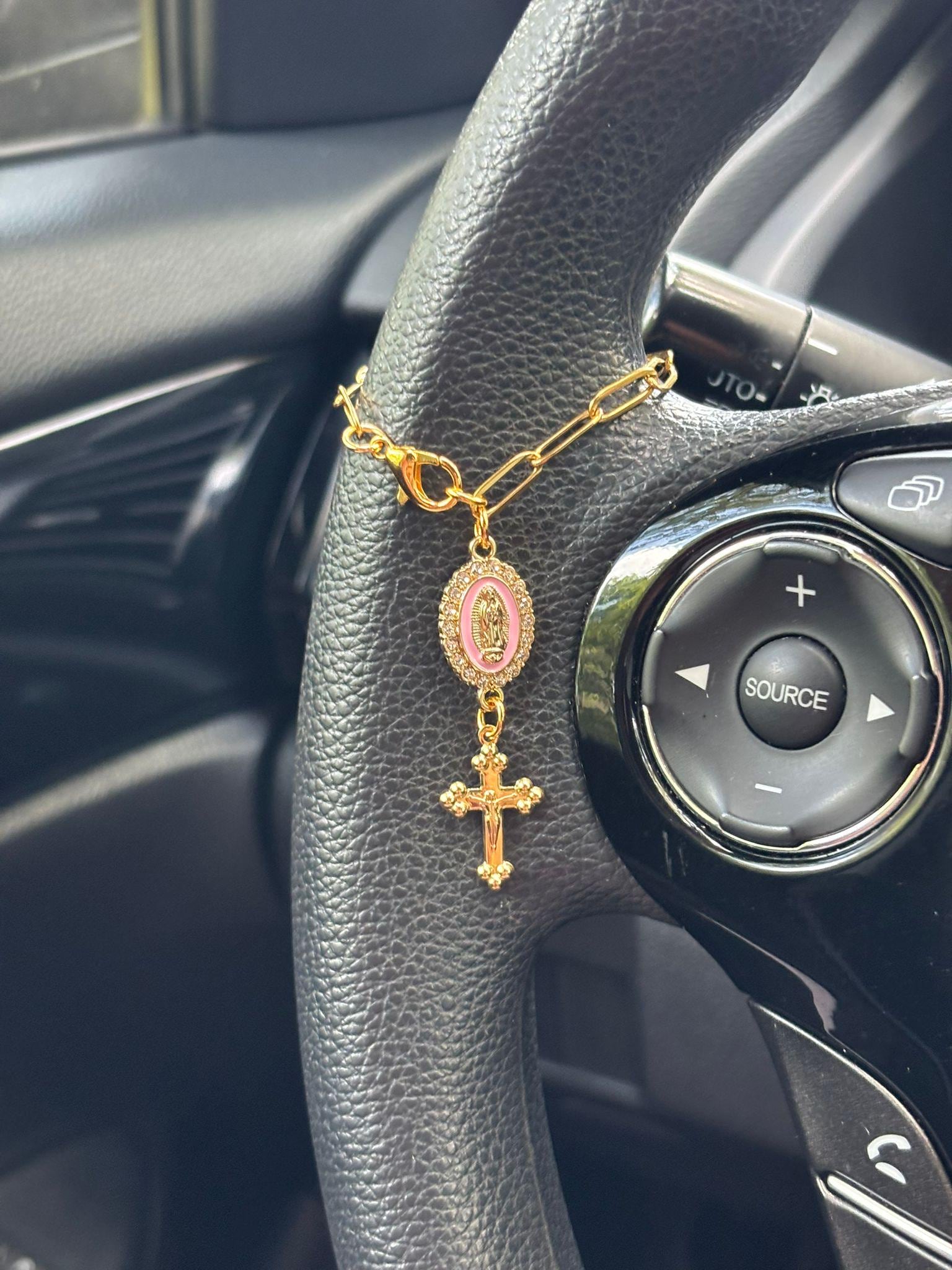 Pink Steering Wheel Rosary Charm Accessory | Rosary Car Charm Accessory | Virgin of Guadalupe | Car Charms | Car Blessings | Religious