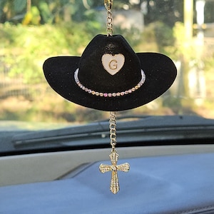 Cowboy Hat Car Rosary, Personalized Initial Car Charm, Virgin Mary Cross Rearview Mirror Decor, Western Catholic Gift, Cowgirl Car Decor image 4