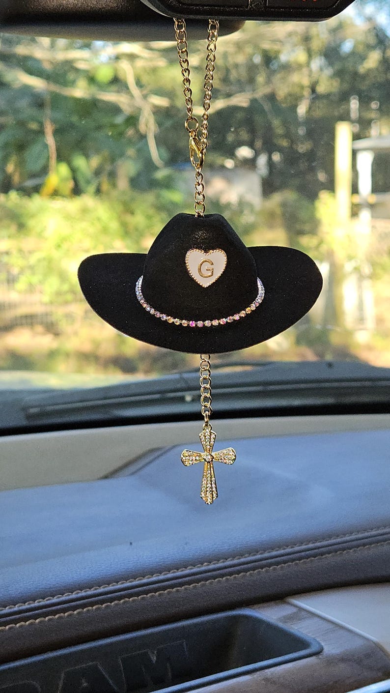 Cowboy Hat Car Rosary, Personalized Initial Car Charm, Virgin Mary Cross Rearview Mirror Decor, Western Catholic Gift, Cowgirl Car Decor image 4