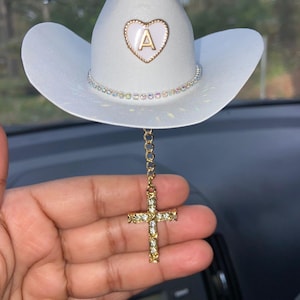 Cowboy Hat Car Rosary, Personalized Initial Car Charm, Virgin Mary Cross Rearview Mirror Decor, Western Catholic Gift, Cowgirl Car Decor image 14
