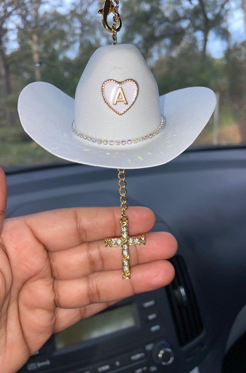 Cowboy Hat Car Rosary, Personalized Initial Car Charm, Virgin Mary Cross Rearview Mirror Decor, Western Catholic Gift, Cowgirl Car Decor image 14