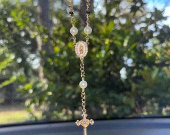 Car Rosary for Rearview Mirror, White Glass Pearl Rosary for Car, Our Lady of Guadalupe Car Charm, Catholic Car Accessory, New Driver Gift