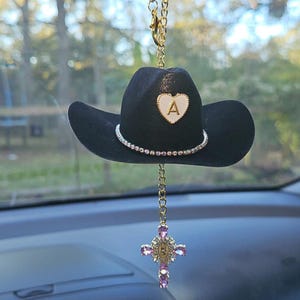 Cowboy Hat Car Rosary, Personalized Initial Car Charm, Virgin Mary Cross Rearview Mirror Decor, Western Catholic Gift, Cowgirl Car Decor image 11