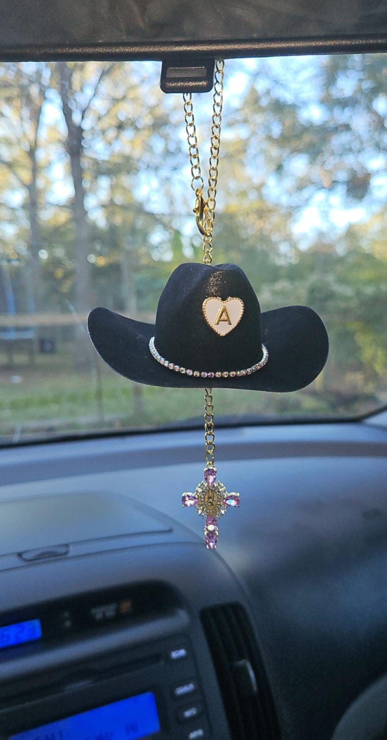 Cowboy Hat Car Rosary, Personalized Initial Car Charm, Virgin Mary Cross Rearview Mirror Decor, Western Catholic Gift, Cowgirl Car Decor image 11
