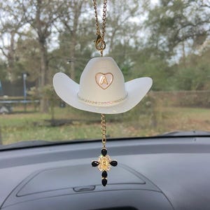 Cowboy Hat Car Rosary, Personalized Initial Car Charm, Virgin Mary Cross Rearview Mirror Decor, Western Catholic Gift, Cowgirl Car Decor image 7