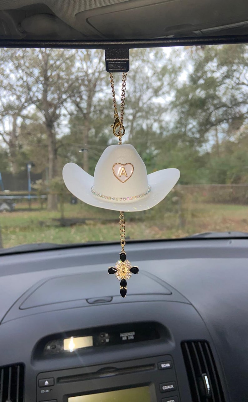 Cowboy Hat Car Rosary, Personalized Initial Car Charm, Virgin Mary Cross Rearview Mirror Decor, Western Catholic Gift, Cowgirl Car Decor image 7
