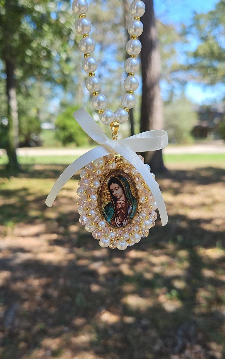 Virgin Mary Car Charm,Car Decoration, Car Accessories, Rear view Mirror,Car Blessings,Car Rosary,Baptism Gift,Religious Catholic,Car Charm