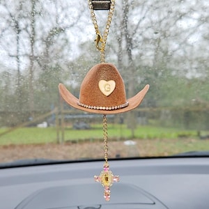 Cowboy Hat Car Rosary, Personalized Initial Car Charm, Virgin Mary Cross Rearview Mirror Decor, Western Catholic Gift, Cowgirl Car Decor image 12
