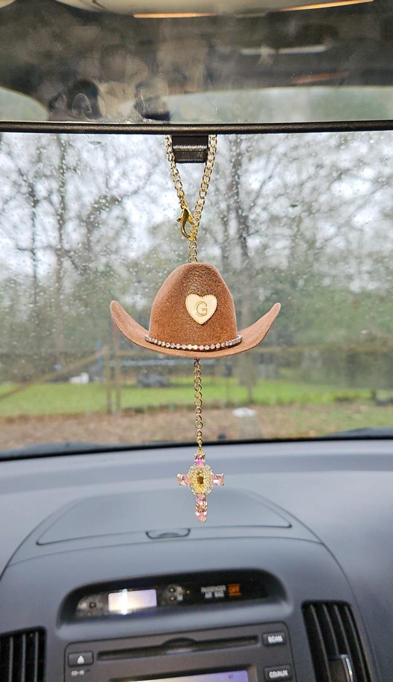 Cowboy Hat Car Rosary, Personalized Initial Car Charm, Virgin Mary Cross Rearview Mirror Decor, Western Catholic Gift, Cowgirl Car Decor image 12