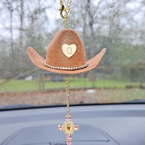 Cowboy Hat Car Rosary, Personalized Initial Car Charm, Virgin Mary Cross Rearview Mirror Decor, Western Catholic Gift, Cowgirl Car Decor image 10