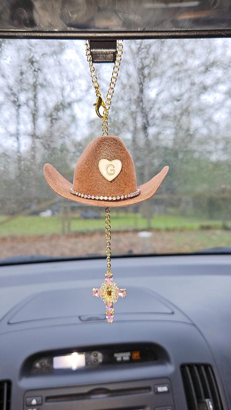 Cowboy Hat Car Rosary, Personalized Initial Car Charm, Virgin Mary Cross Rearview Mirror Decor, Western Catholic Gift, Cowgirl Car Decor image 10