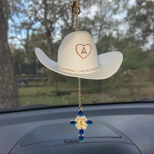 Cowboy Hat Car Rosary, Personalized Initial Car Charm, Virgin Mary Cross Rearview Mirror Decor, Western Catholic Gift, Cowgirl Car Decor image 6
