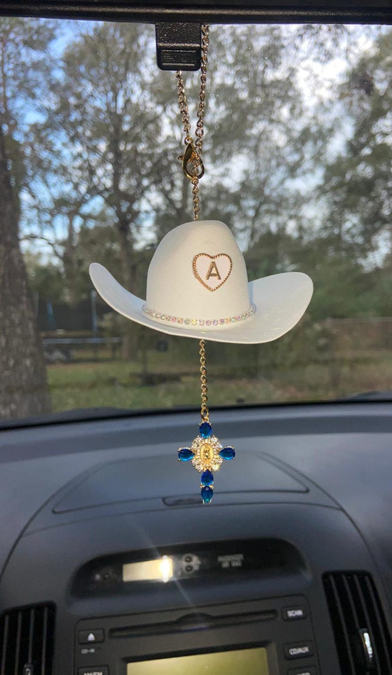 Cowboy Hat Car Rosary, Personalized Initial Car Charm, Virgin Mary Cross Rearview Mirror Decor, Western Catholic Gift, Cowgirl Car Decor image 6