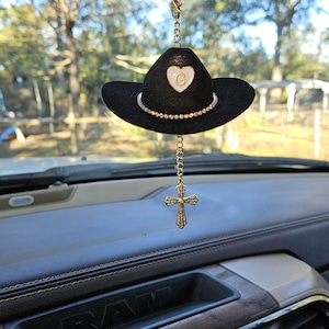 Cowboy Hat Car Rosary, Personalized Initial Car Charm, Virgin Mary Cross Rearview Mirror Decor, Western Catholic Gift, Cowgirl Car Decor image 3