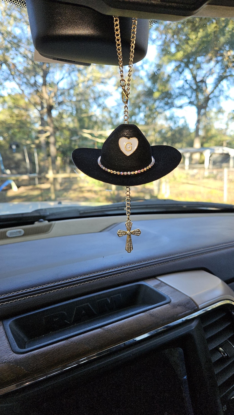 Cowboy Hat Car Rosary, Personalized Initial Car Charm, Virgin Mary Cross Rearview Mirror Decor, Western Catholic Gift, Cowgirl Car Decor image 3
