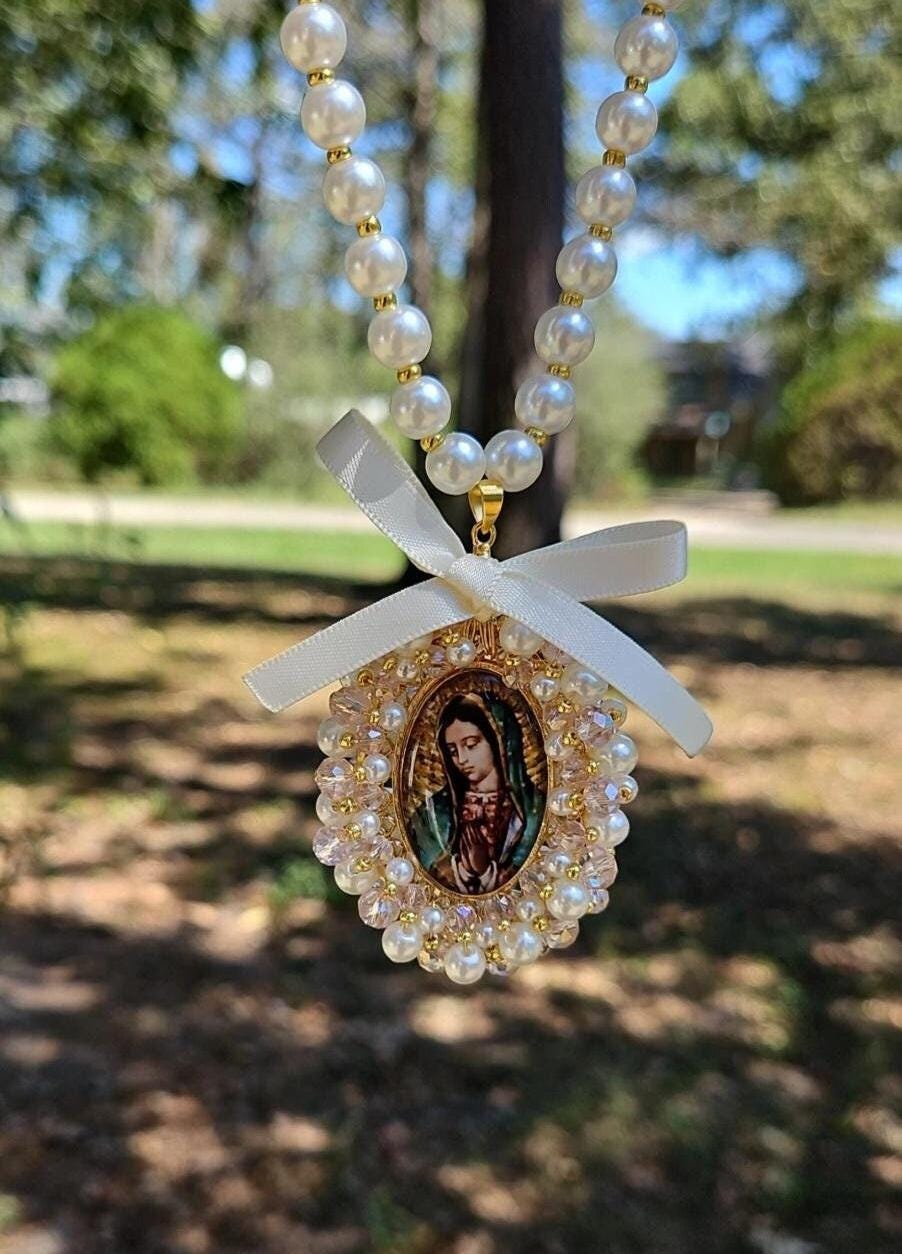 Virgin Mary Car Charm,Car Decoration, Car Accessories, Rear view Mirror,Car Blessings,Car Rosary,Baptism Gift,Religious Catholic,Car Charm