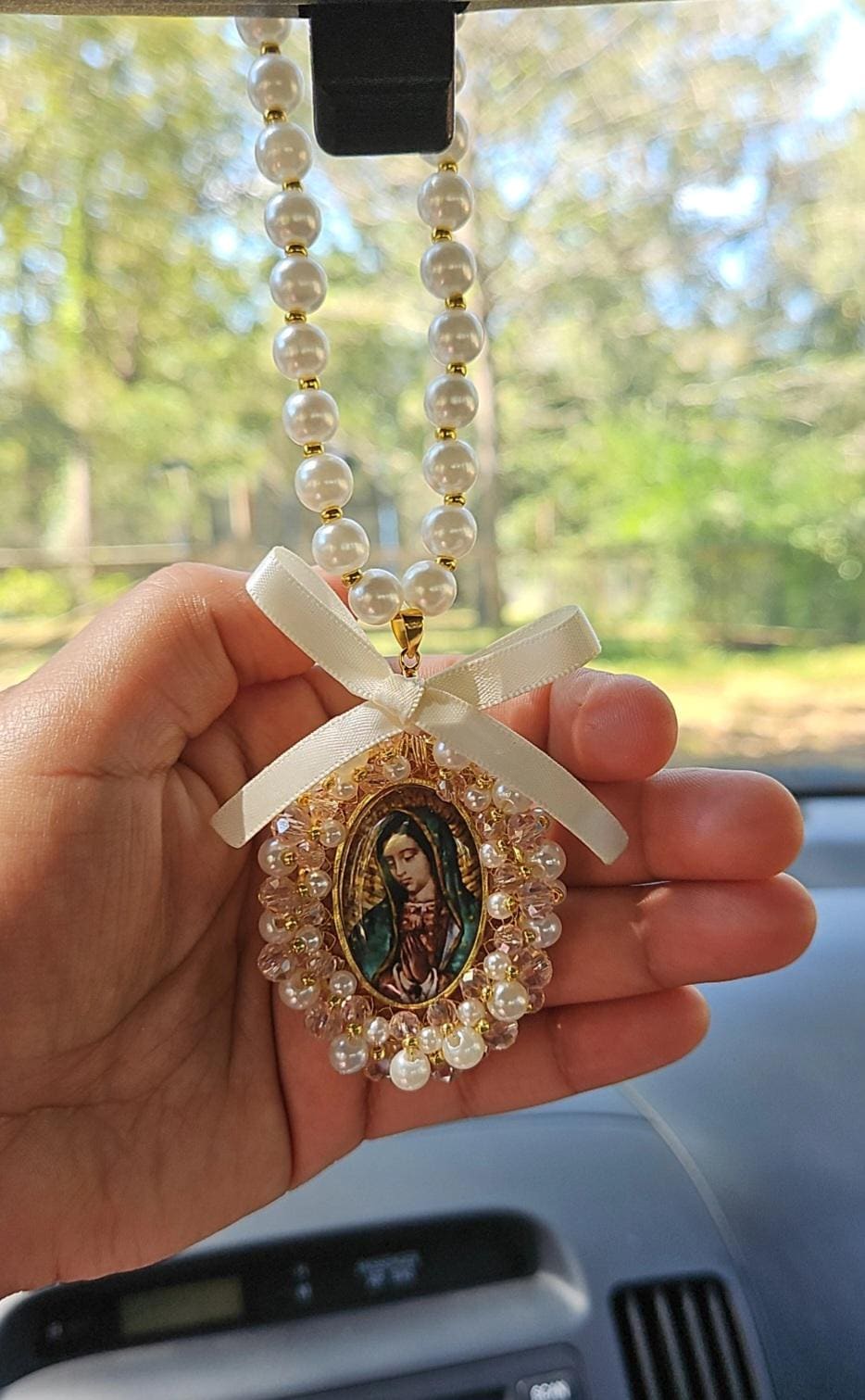 Virgin Mary Car Charm,Car Decoration, Car Accessories, Rear view Mirror,Car Blessings,Car Rosary,Baptism Gift,Religious Catholic,Car Charm