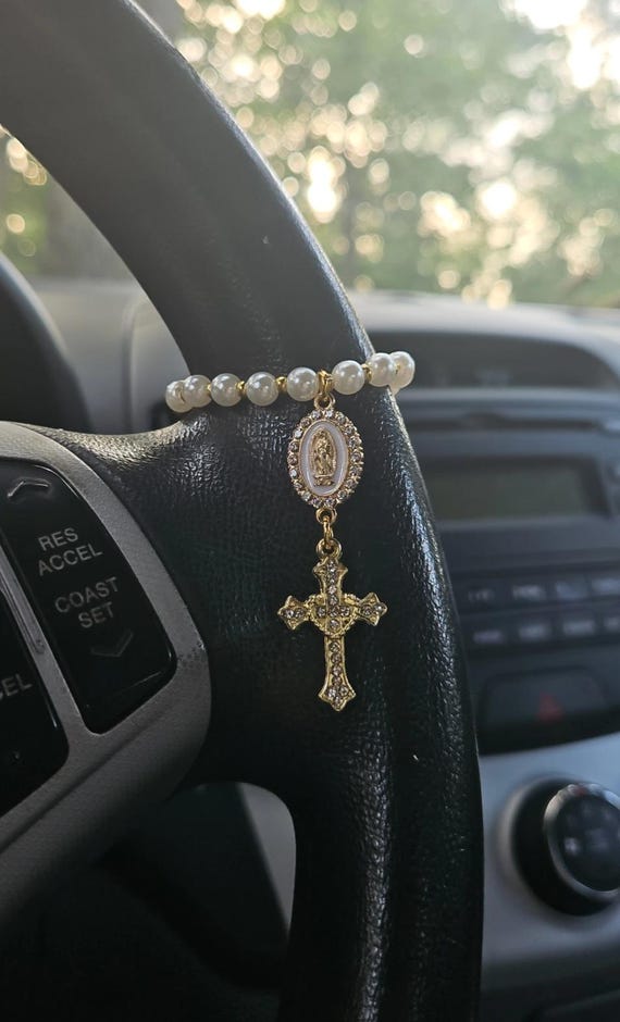 Steering Wheel Rosary - Virgin Of Guadalupe Car Charm - Rosary Car Charm Accesory- Car Decor- Baptism Gift- Religious Catholic Gift - Rosary