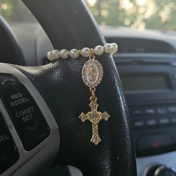 Steering Wheel Rosary - Virgin Of Guadalupe Car Charm - Rosary Car Charm Accessory- Car Decor- Baptism Gift- Religious Catholic Gift - Rosary